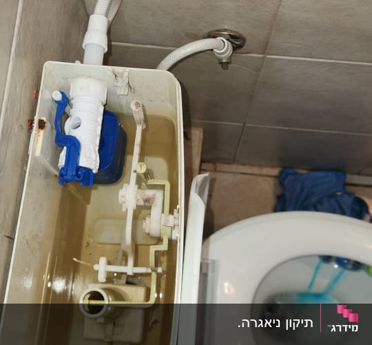 מיכל הדחה פתוח עם חלקים פנימיים של אסלה
